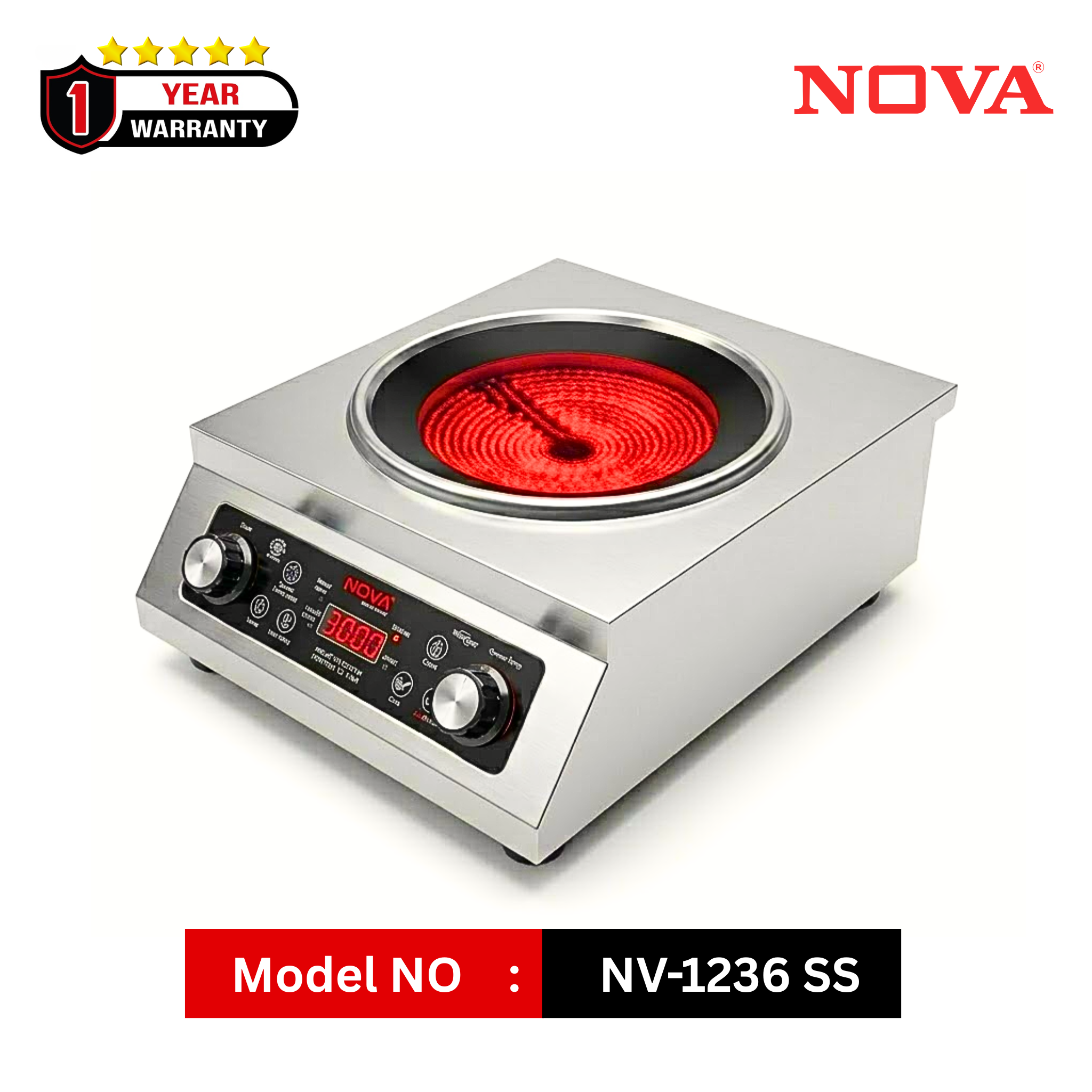 NOVA Infrared Cooker NV-1236-SS | 4000W Double Heater | Inverter Friendly | Touch & Knob Control